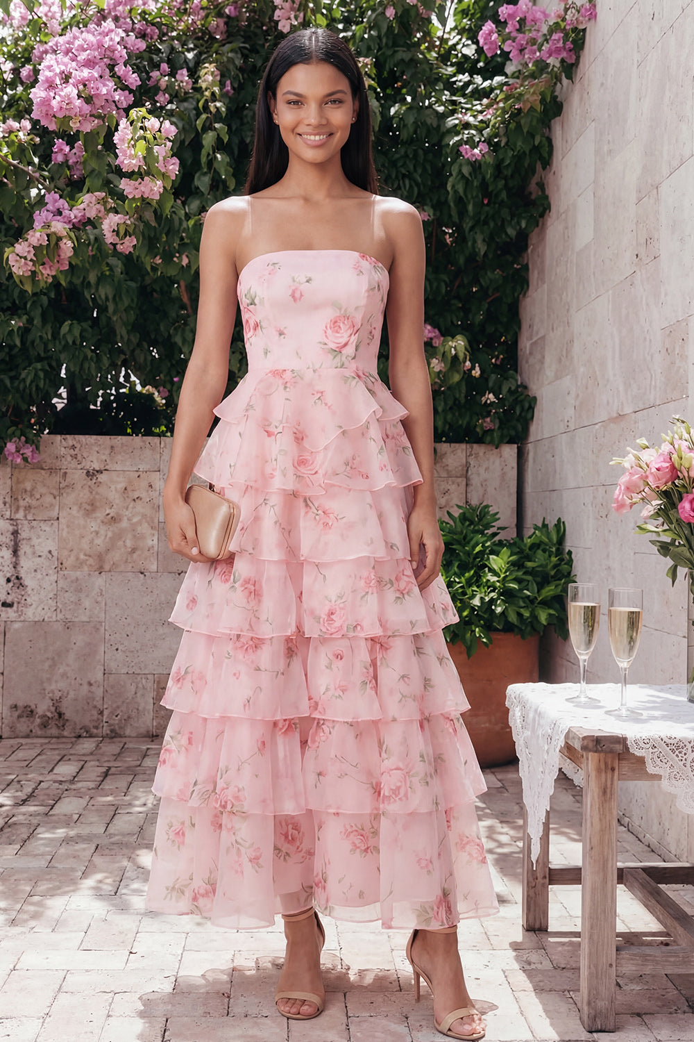 Tiered Strapless Floral Pink Wedding Guest Dress
