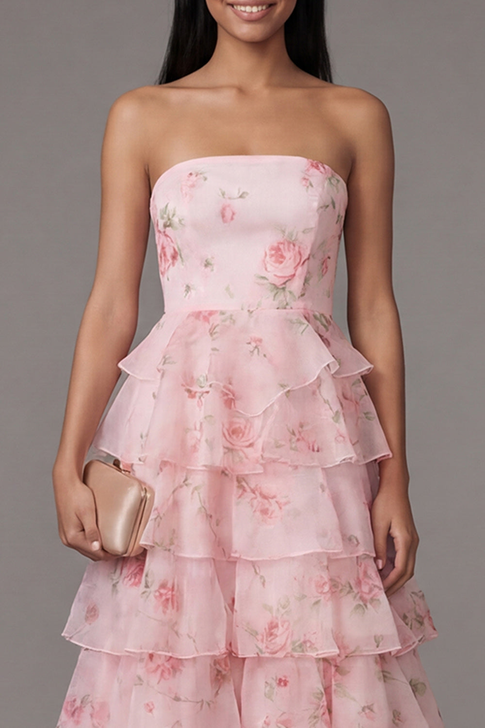 Tiered Strapless Floral Pink Wedding Guest Dress