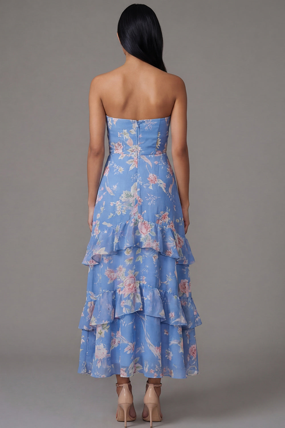 Strapless Floral Blue A Line Ruffled Wedding Guest Dress