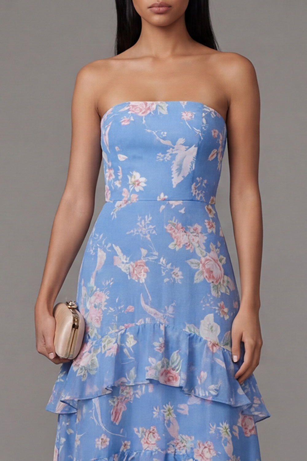 Strapless Floral Blue A Line Ruffled Wedding Guest Dress