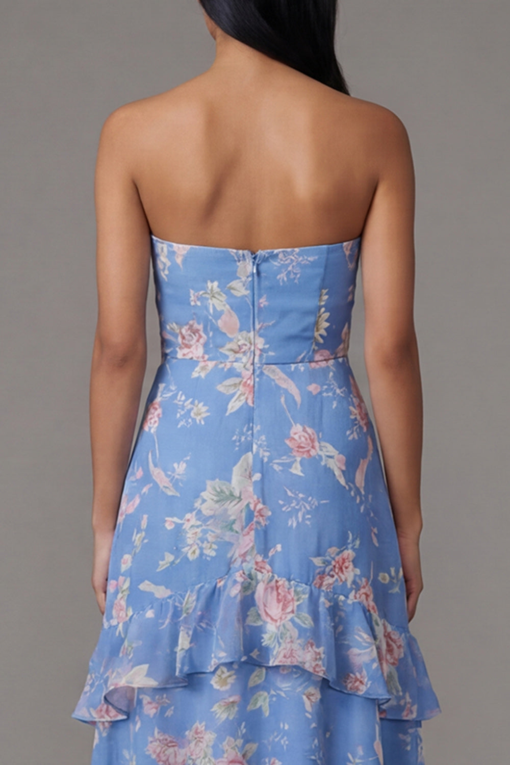 Strapless Floral Blue A Line Ruffled Wedding Guest Dress