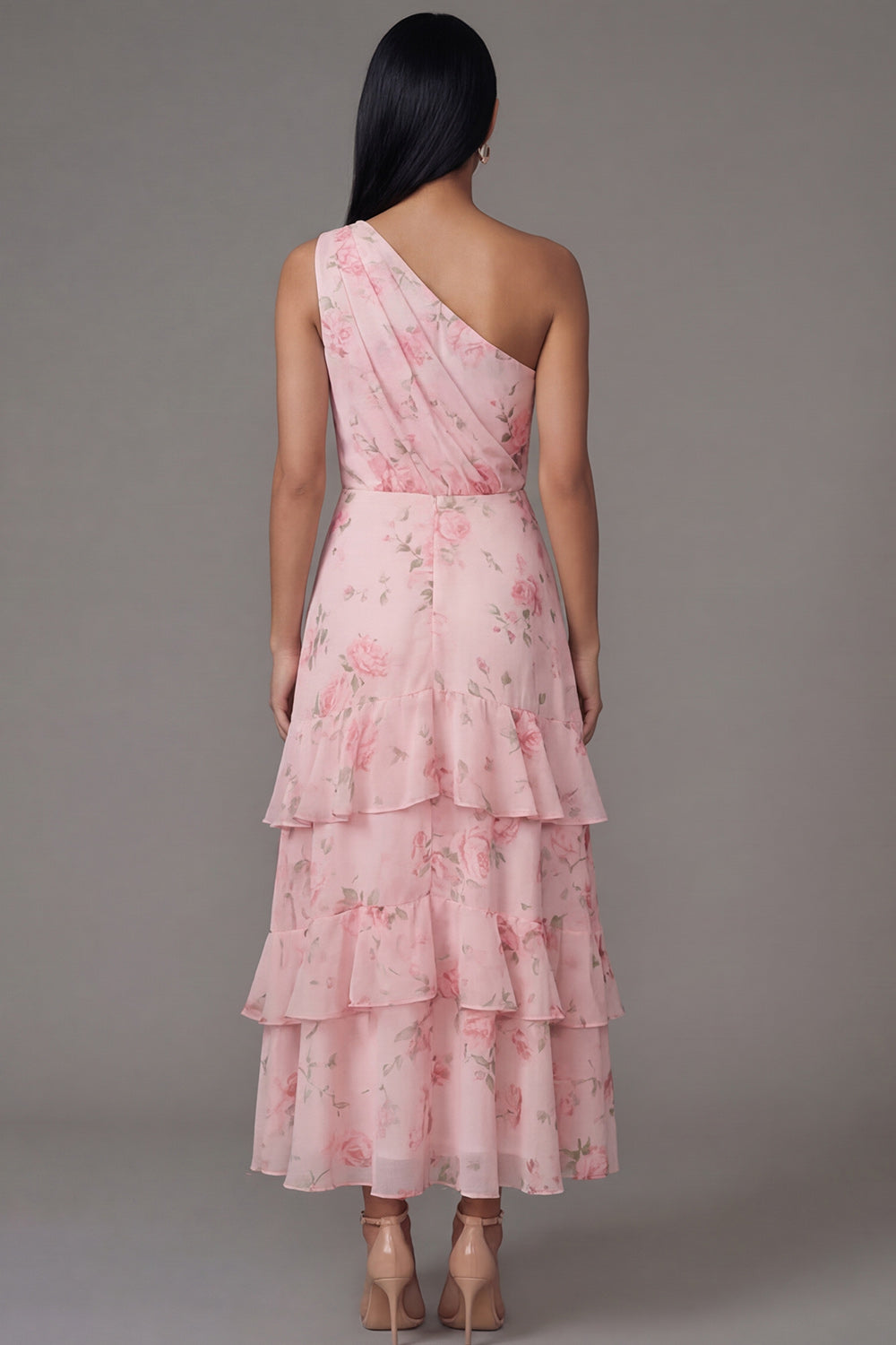 One Shoulder Floral Pink Ruched A Line Wedding Guest Dress