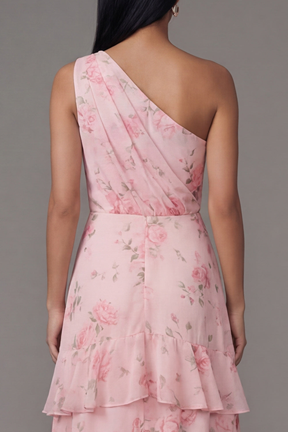One Shoulder Floral Pink Ruched A Line Wedding Guest Dress