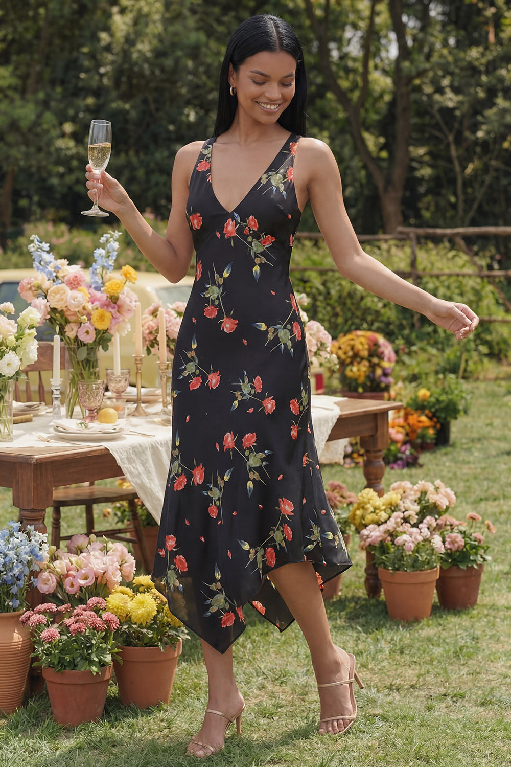 Black Printed A Line V Neck Midi Wedding Guest Dress