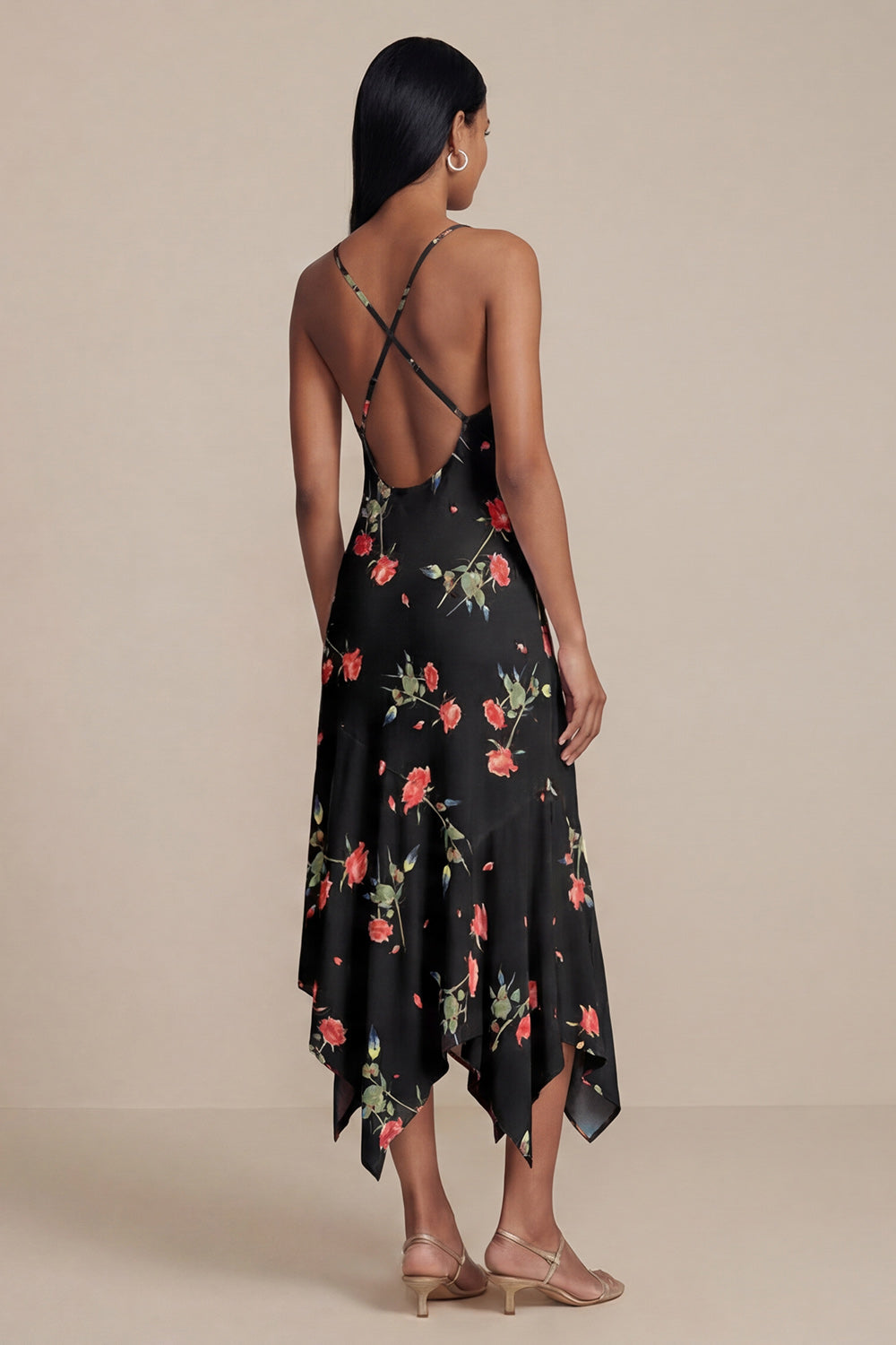 Black Printed A Line V Neck Midi Wedding Guest Dress