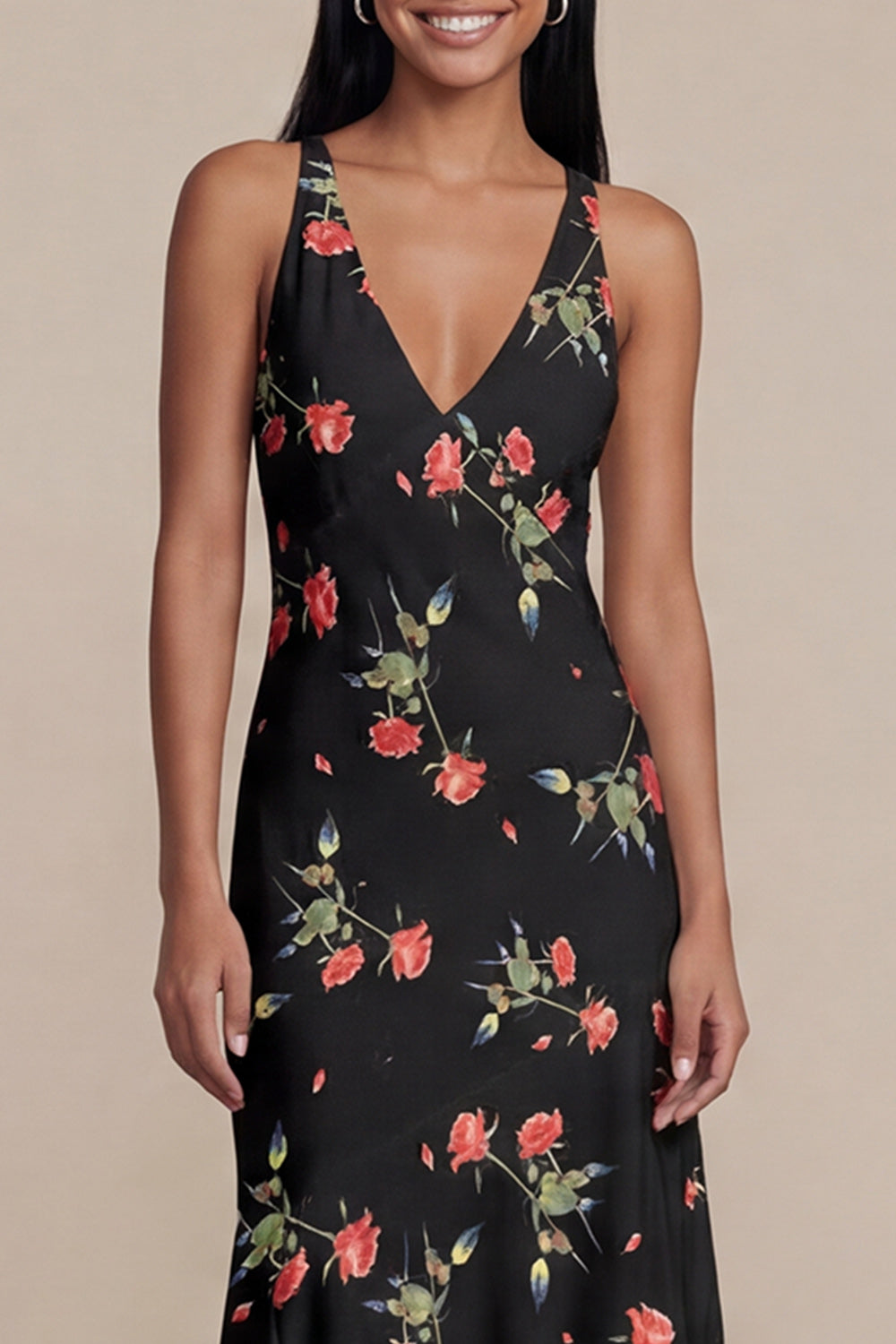 Black Printed A Line V Neck Midi Wedding Guest Dress