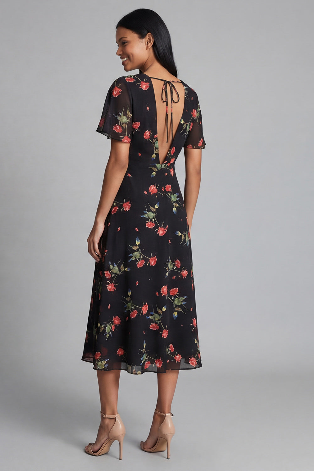 Black Printed A Line Short Sleeve Midi Wedding Guest Dress