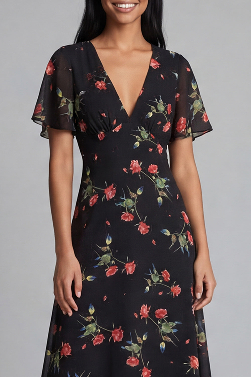 Black Printed A Line Short Sleeve Midi Wedding Guest Dress