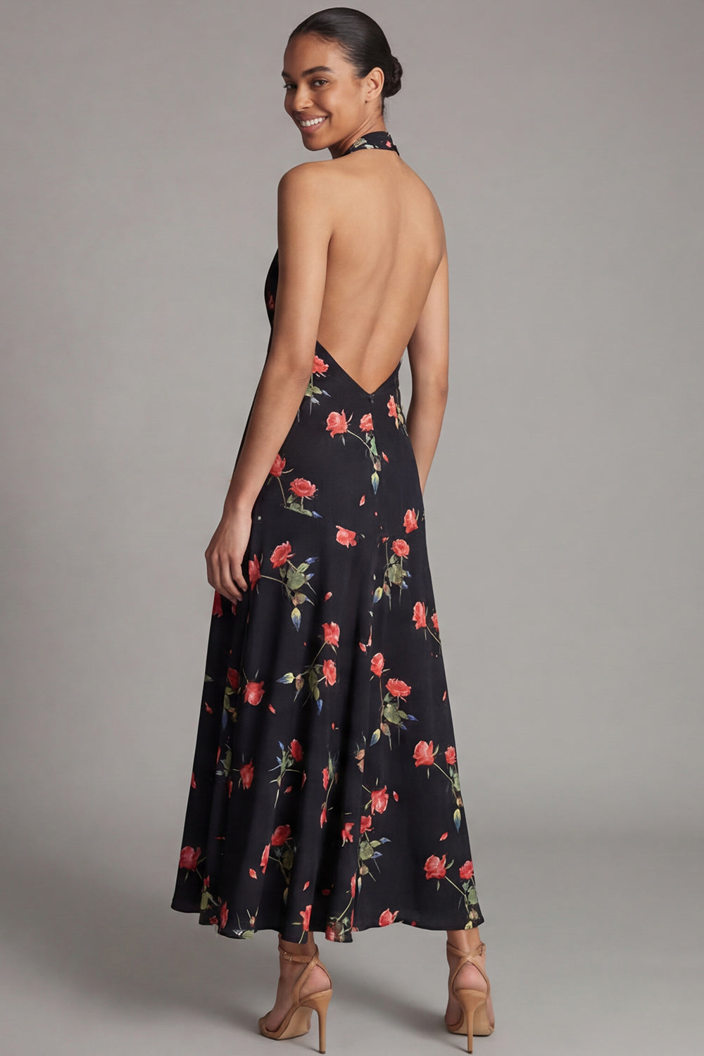 Halter Black Printed A Line Backless Wedding Guest Dress