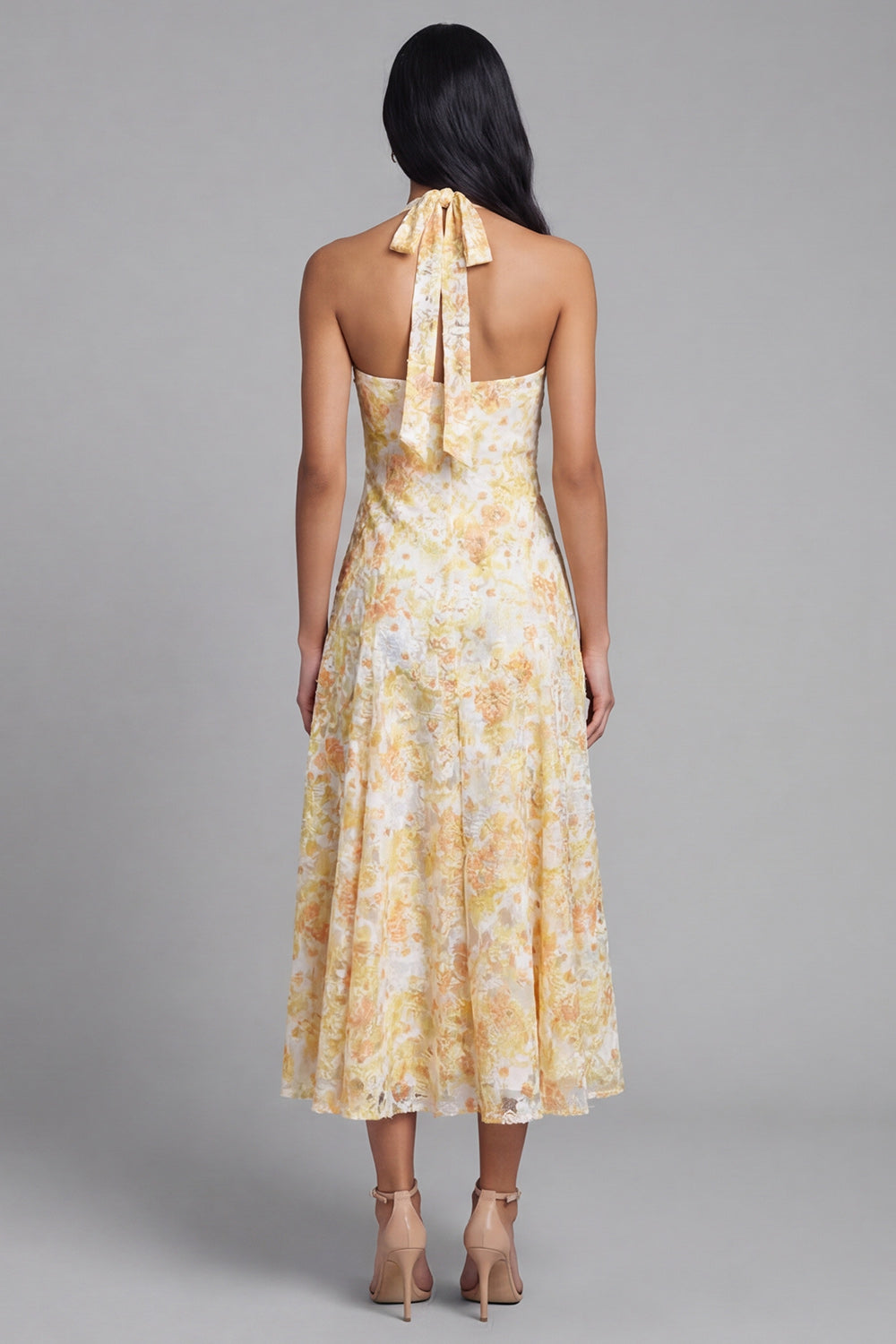 Halter Yellow Floral A Line Bowed Wedding Guest Dress