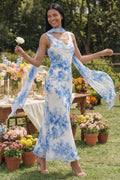 Floral Blue Cowl Neck Maxi Wedding Guest Dress