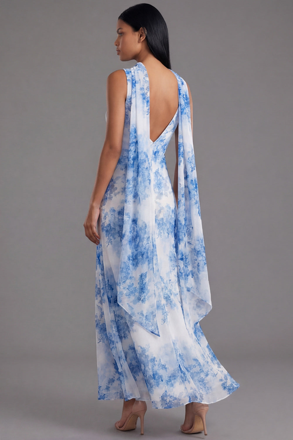 Floral Blue Cowl Neck Maxi Wedding Guest Dress