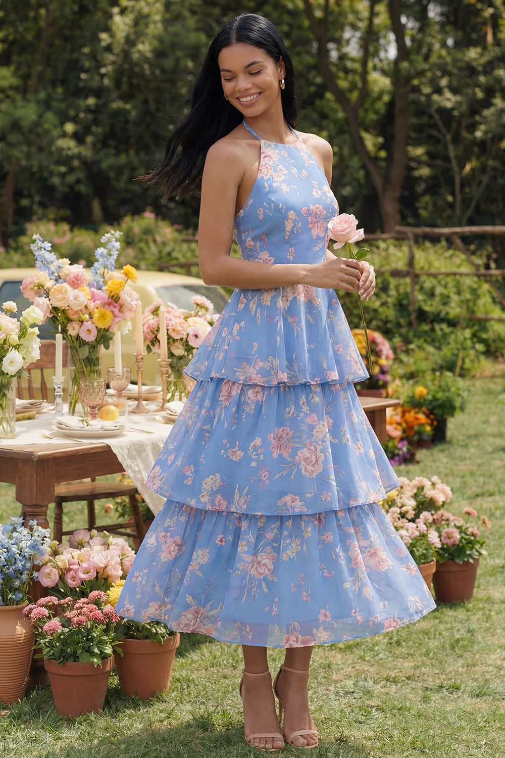 Halter Tiered Floral Blue Midi Wedding Guest Dress