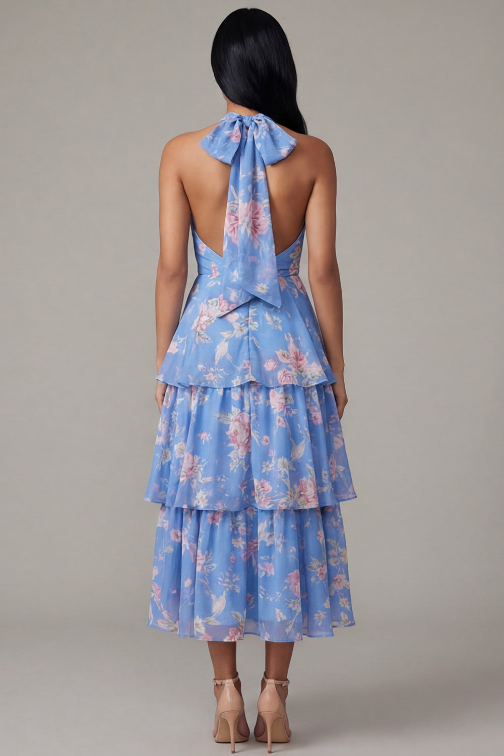 Halter Tiered Floral Blue Midi Wedding Guest Dress