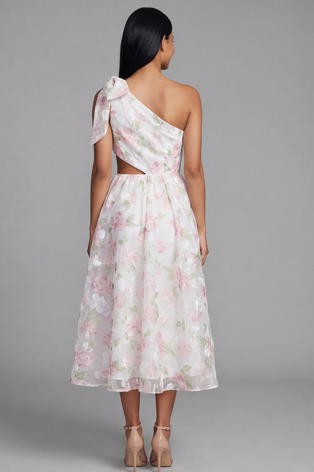 One Shoulder Bowed Floral Pink Cut Out Wedding Guest Dress