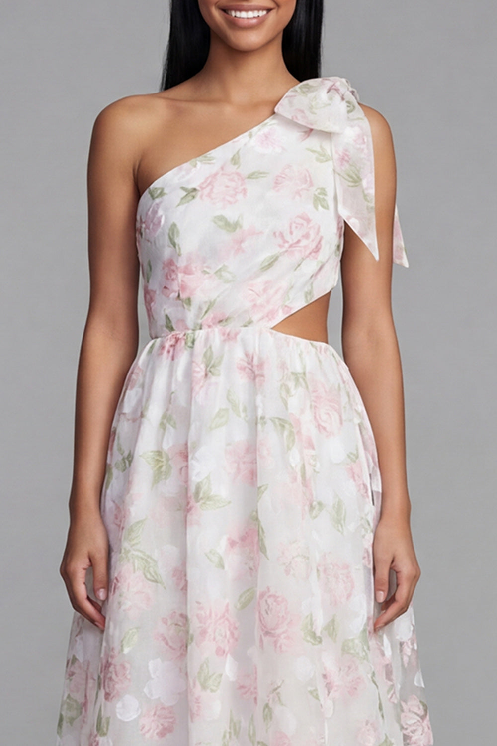 One Shoulder Bowed Floral Pink Cut Out Wedding Guest Dress