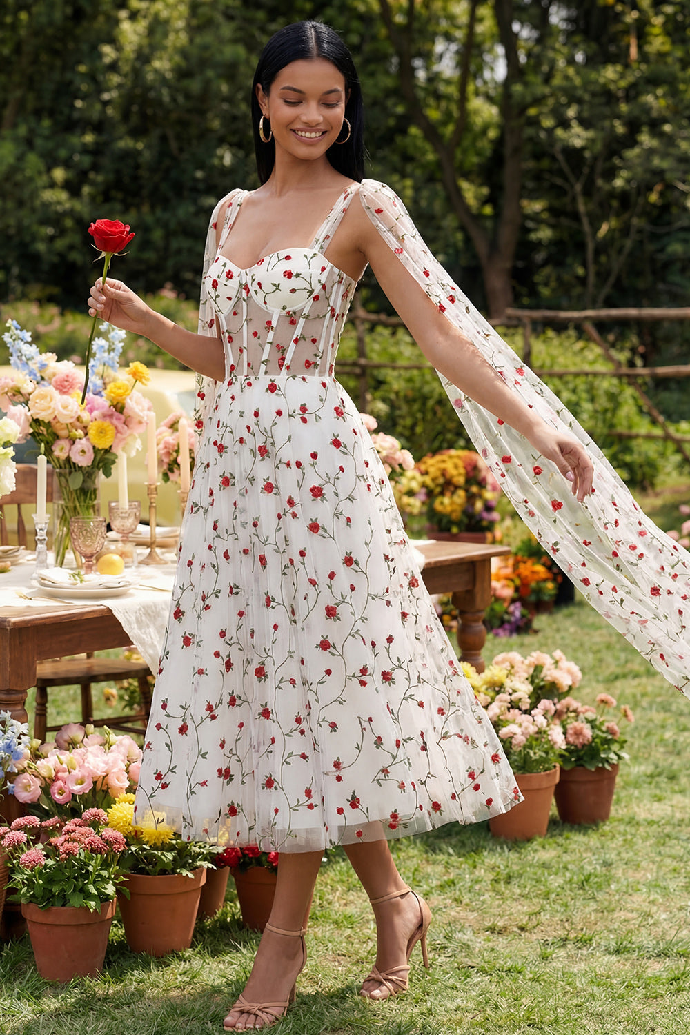 Ivory Floral Corset A Line Wedding Guest Dress with Streamer