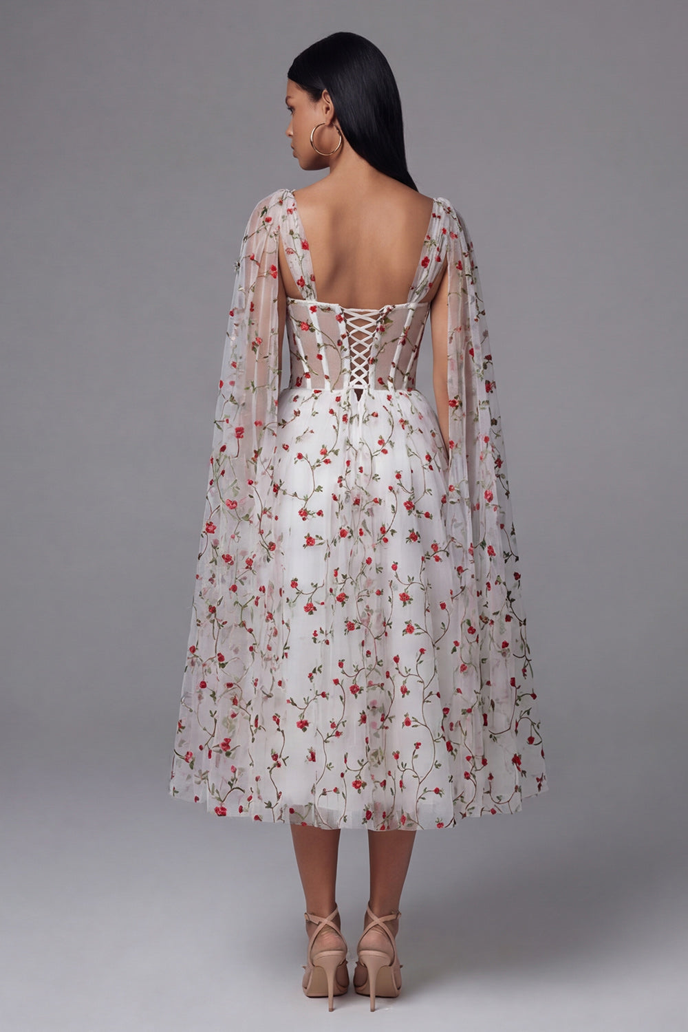 Ivory Floral Corset A Line Wedding Guest Dress with Streamer
