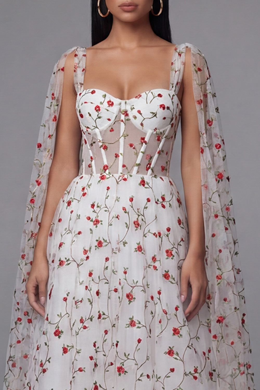 Ivory Floral Corset A Line Wedding Guest Dress with Streamer