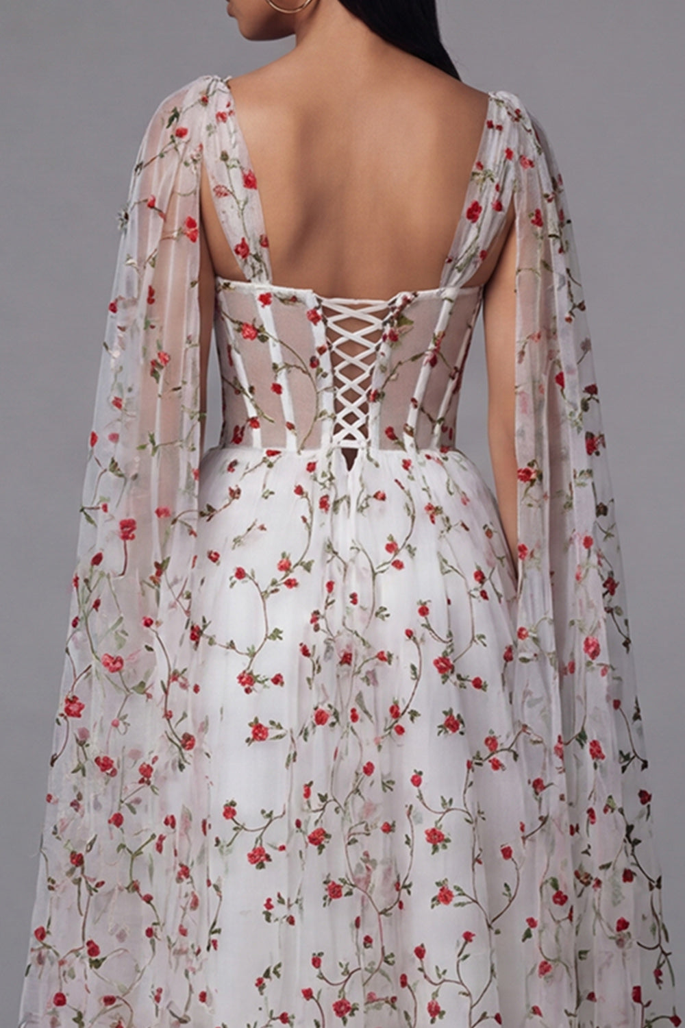 Ivory Floral Corset A Line Wedding Guest Dress with Streamer