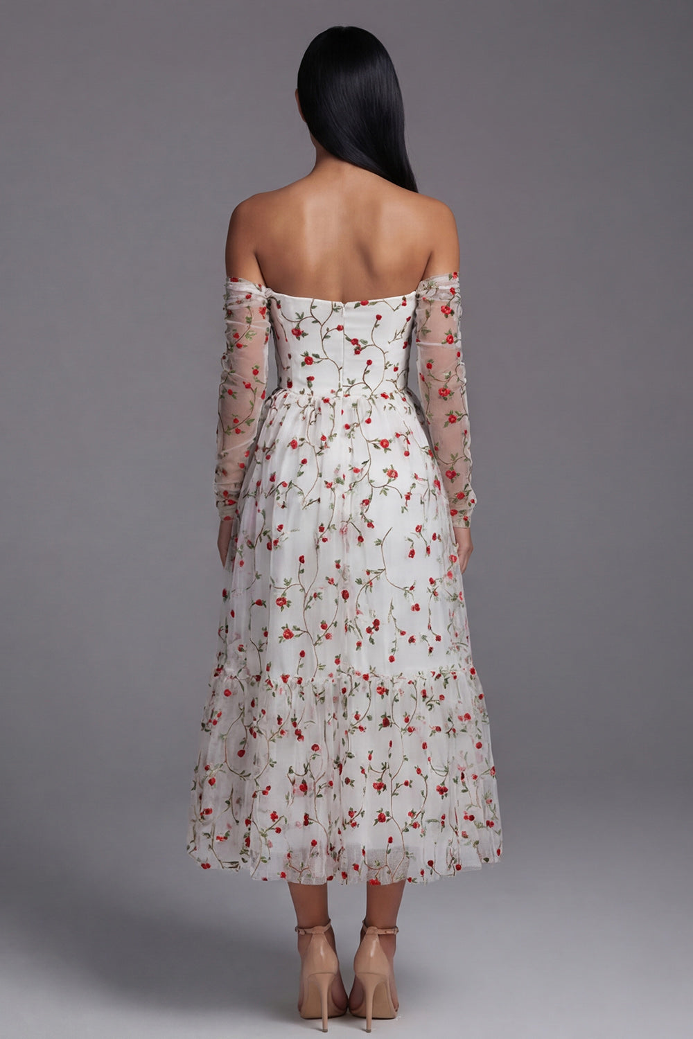 Off the Shoulder Ivory Floral Ruffled A Line Wedding Guest Dress