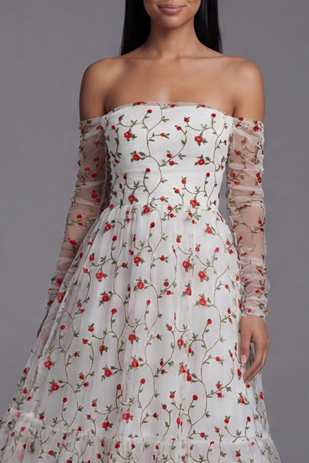 Off the Shoulder Ivory Floral Ruffled A Line Wedding Guest Dress