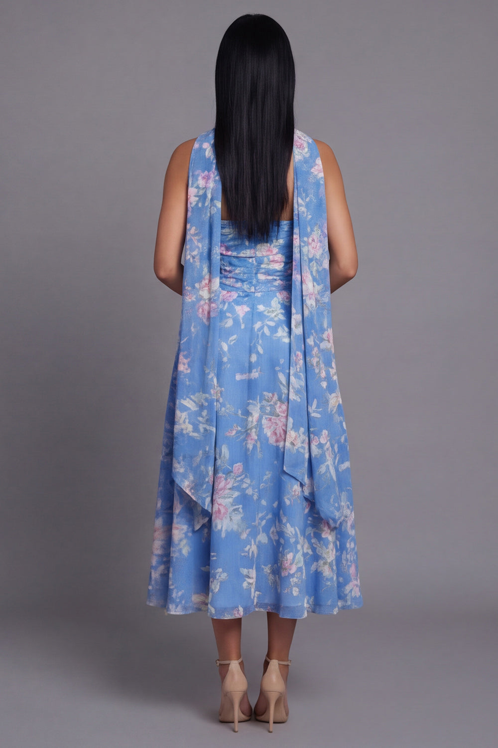 Strapless Blue Floral Ruched A Line Wedding Guest Dress
