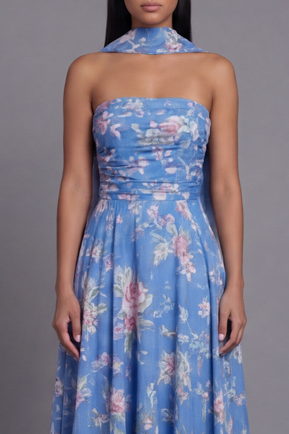 Strapless Blue Floral Ruched A Line Wedding Guest Dress