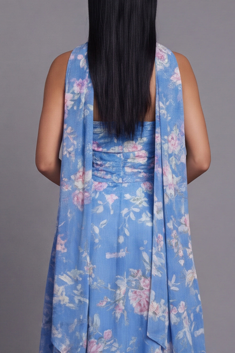 Strapless Blue Floral Ruched A Line Wedding Guest Dress