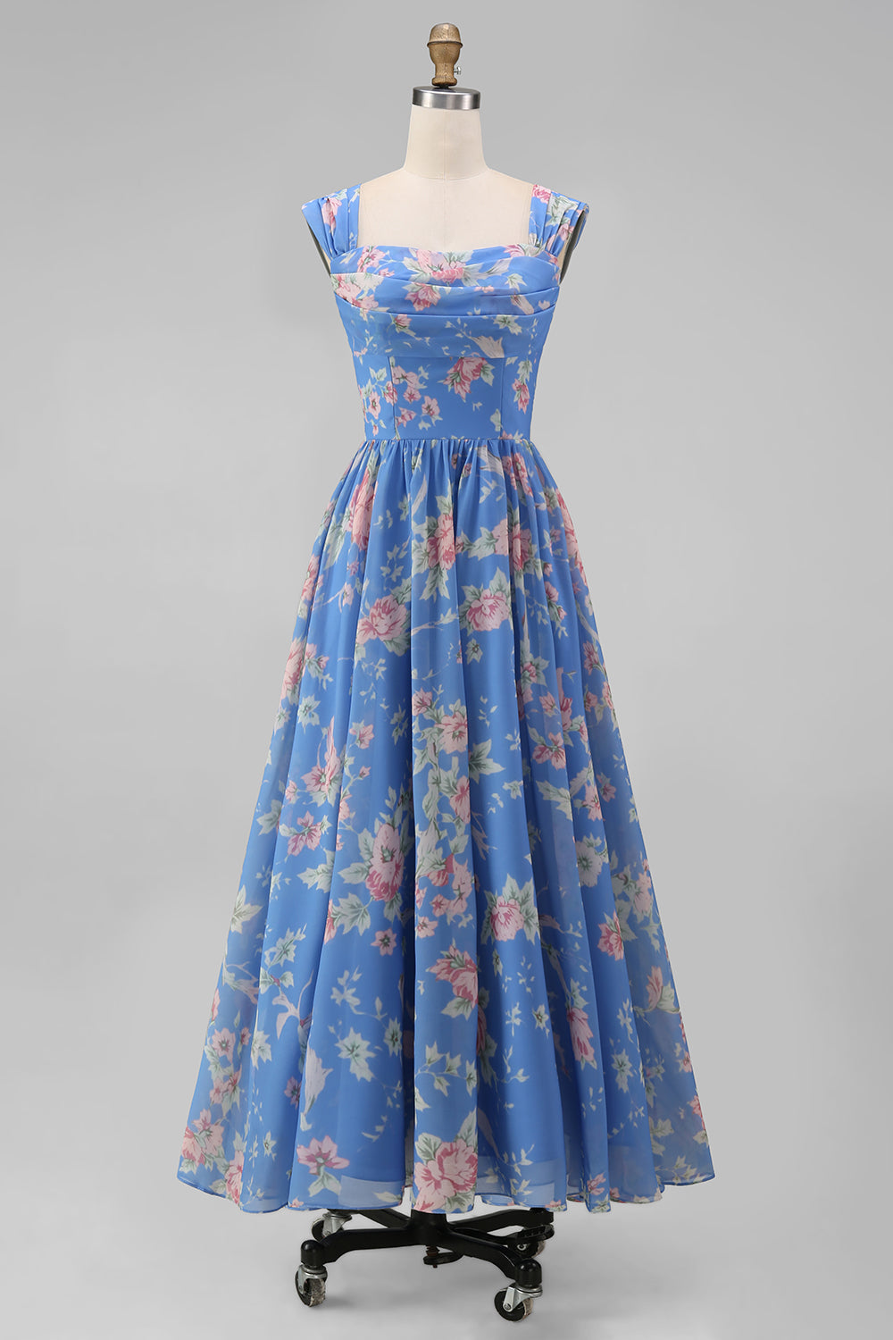 Floral Cap Sleeve Blue Pleated A Line Wedding Guest Dress