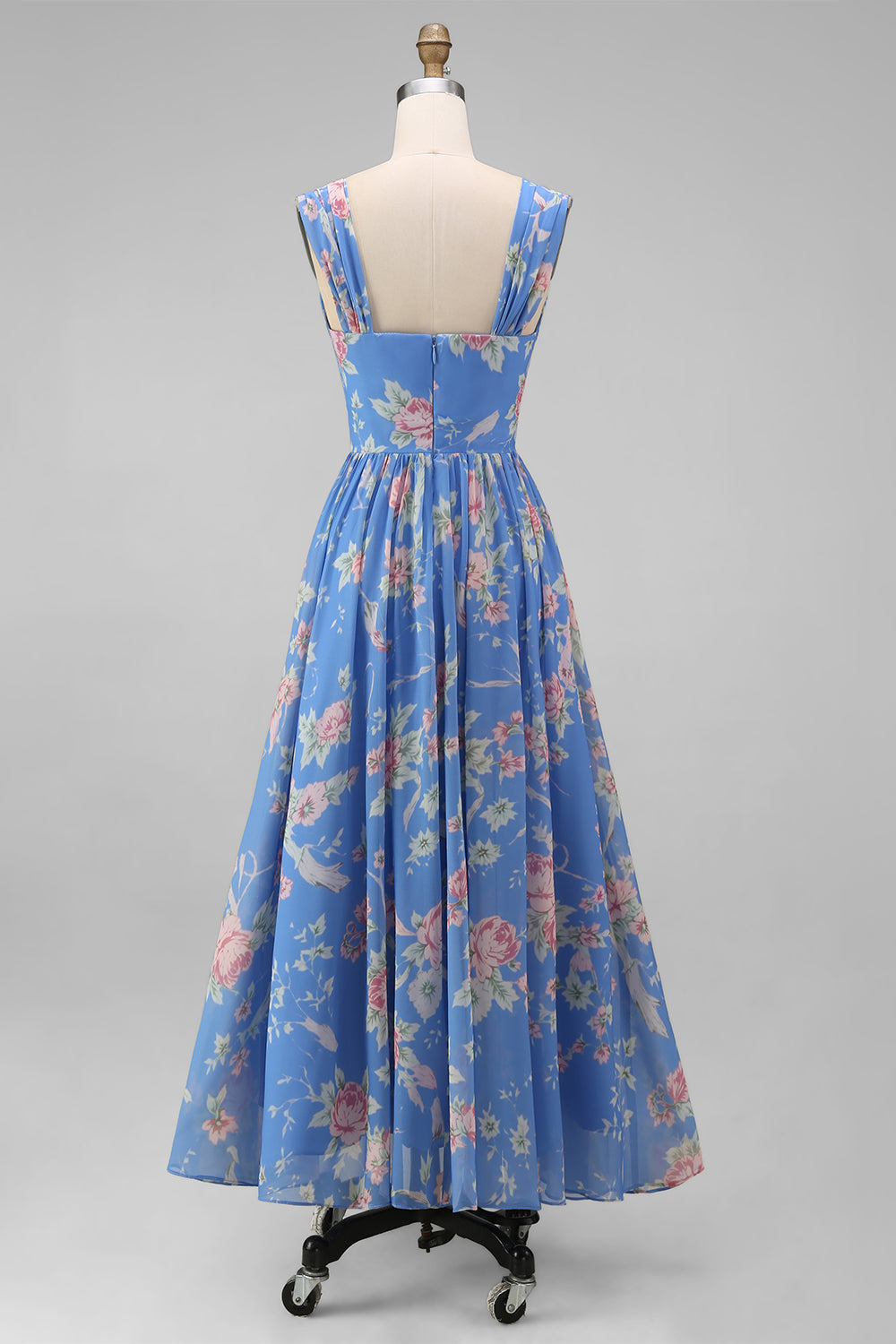 Floral Cap Sleeve Blue Pleated A Line Wedding Guest Dress