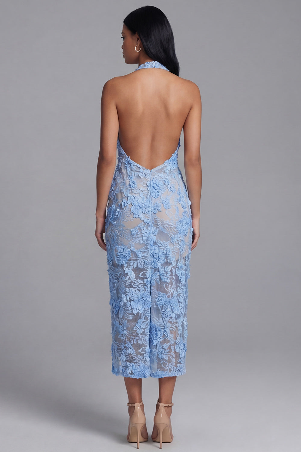 Halter Blue Appliqued Bodycon Wedding Guest Dress