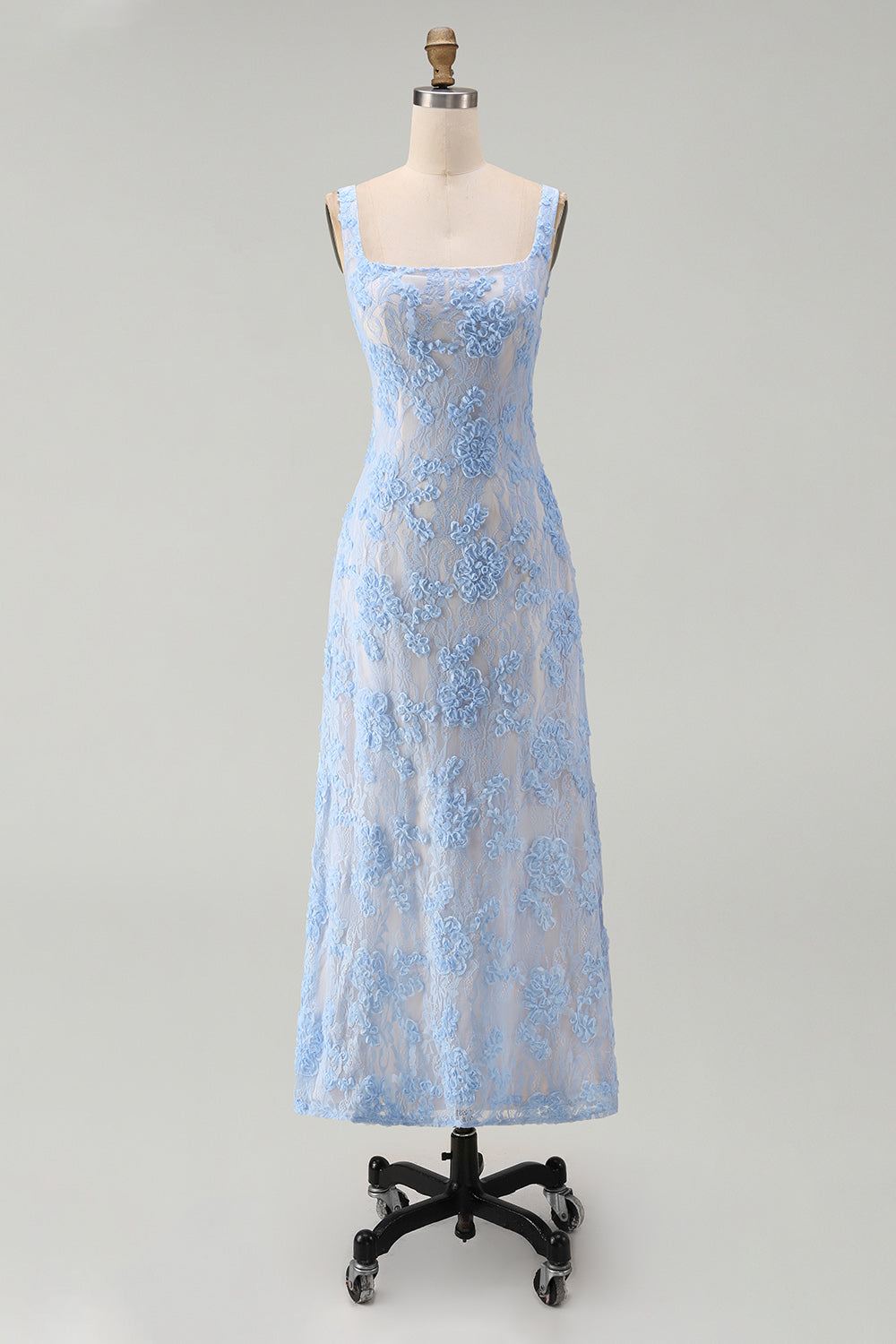 Blue Floral A Line Midi Wedding Guest Dress