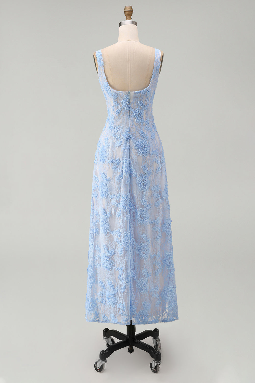 Blue Floral A Line Midi Wedding Guest Dress