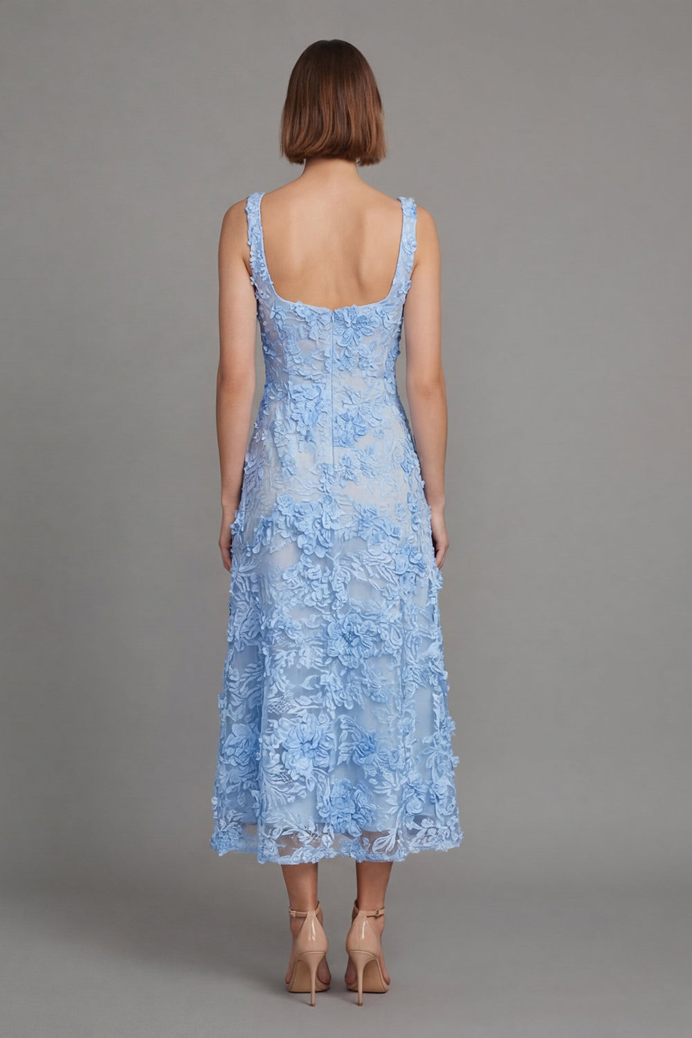Blue Floral A Line Midi Wedding Guest Dress