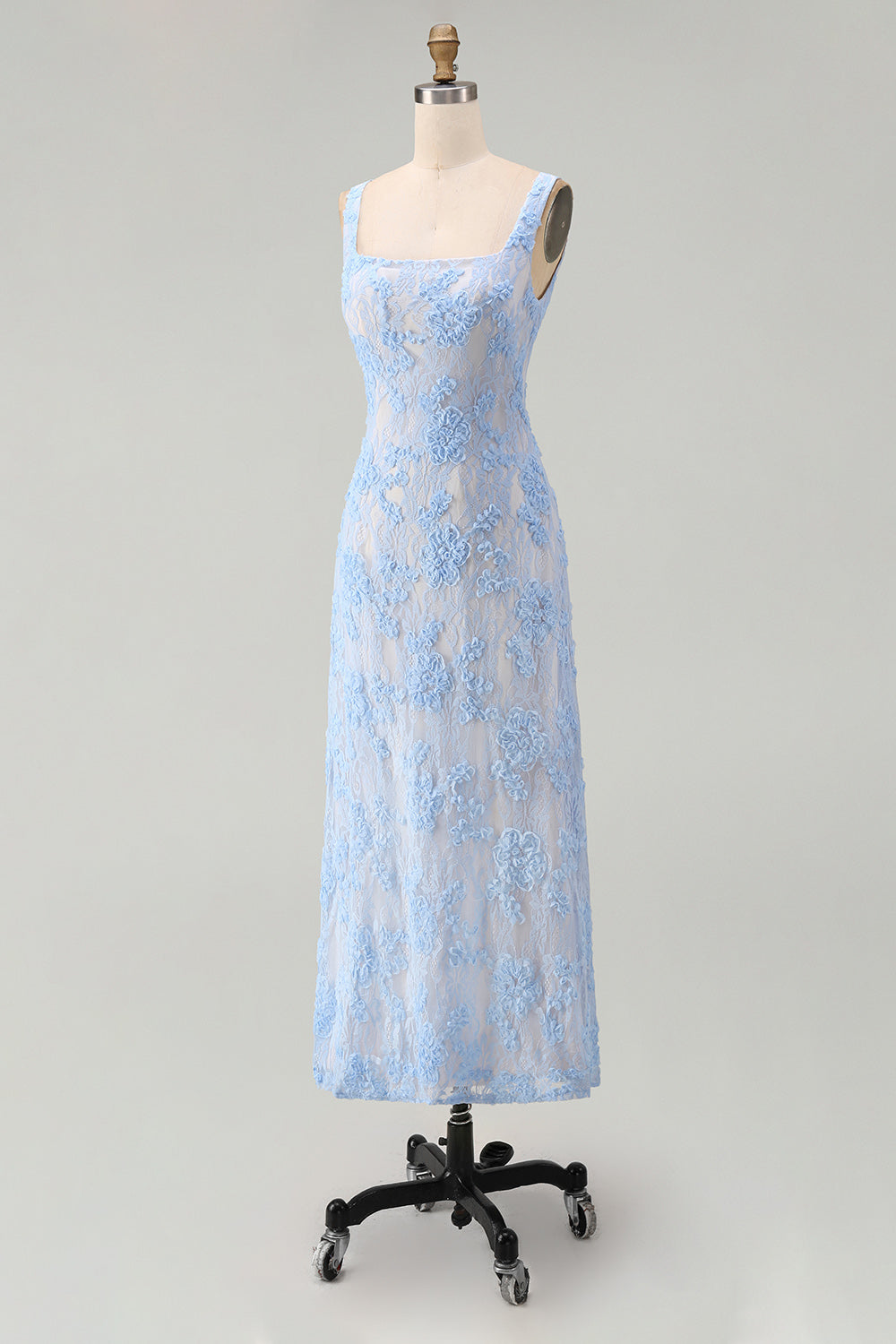 Blue Floral A Line Midi Wedding Guest Dress
