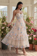 Strapless A Line Floral Champagne Ruffled Wedding Guest Dress