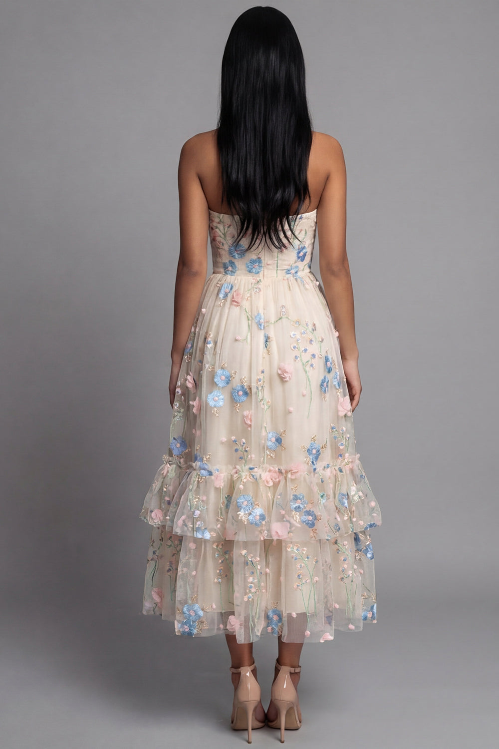 Strapless A Line Floral Champagne Ruffled Wedding Guest Dress