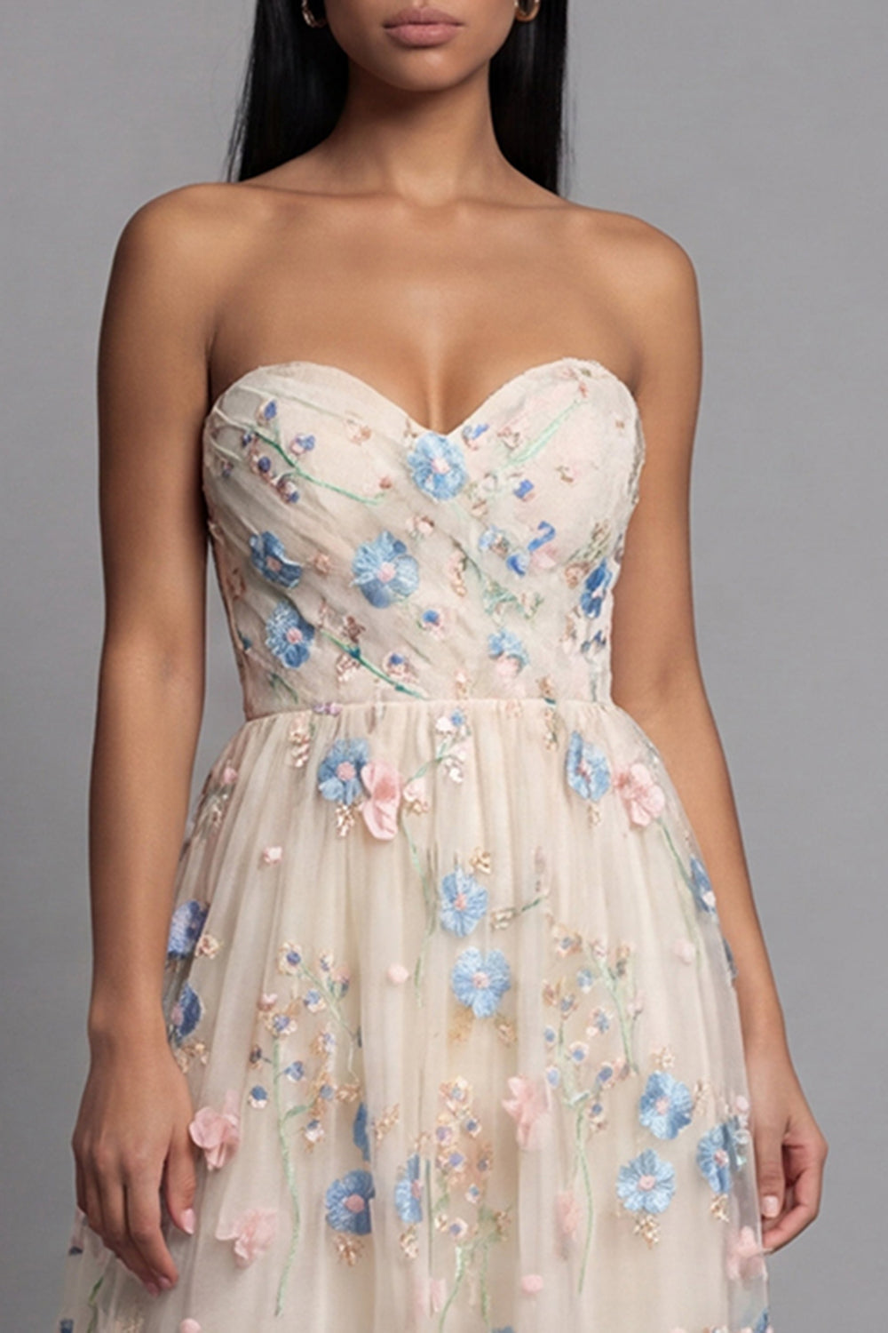 Strapless A Line Floral Champagne Ruffled Wedding Guest Dress