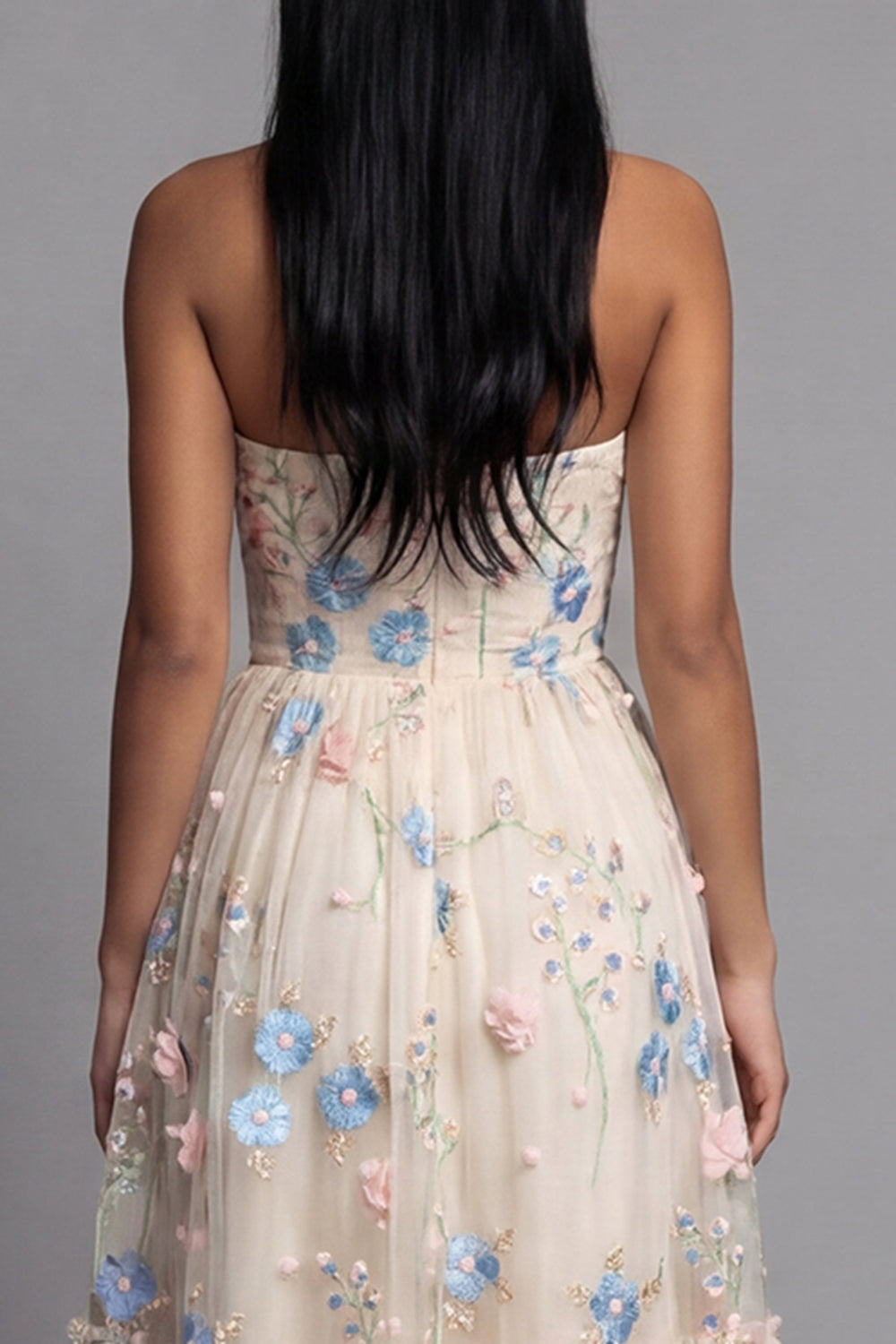 Strapless A Line Floral Champagne Ruffled Wedding Guest Dress