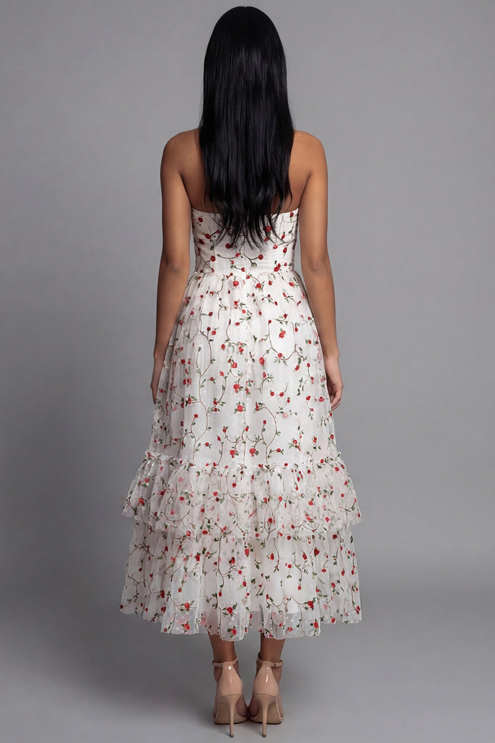 Strapless A Line Floral Champagne Ruffled Wedding Guest Dress