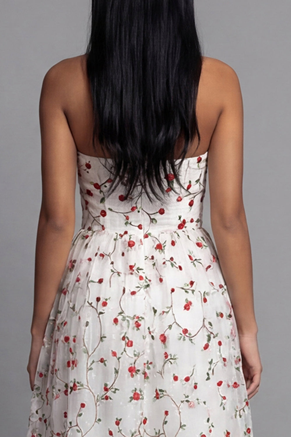 Strapless A Line Floral Champagne Ruffled Wedding Guest Dress