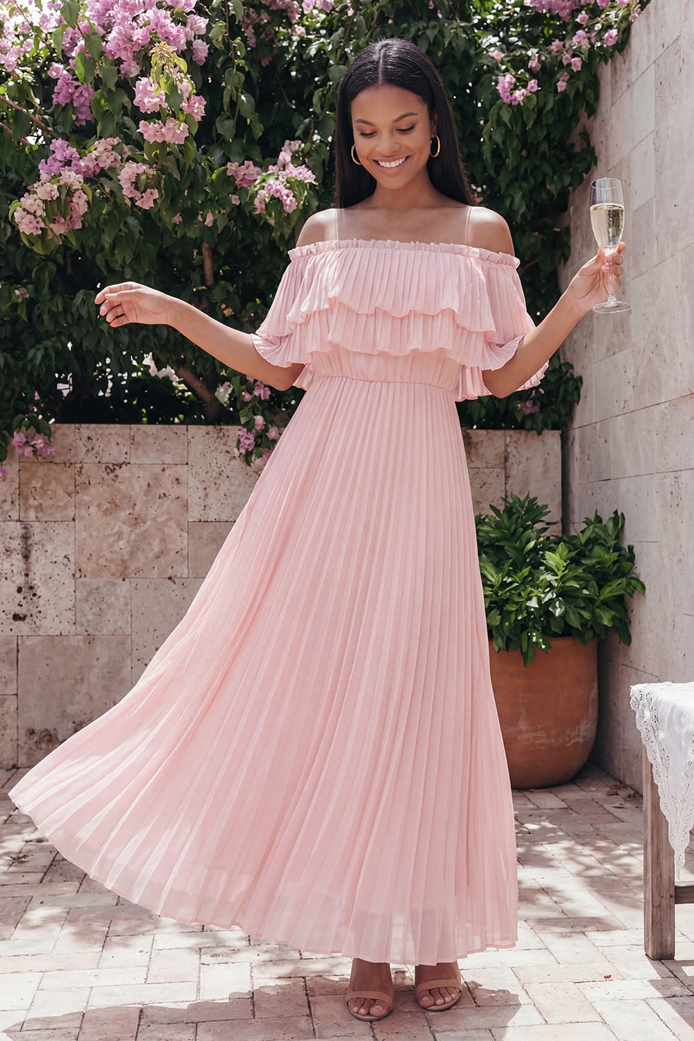 Off the Shoulder Pleated A Line Pink Wedding Guest Dress