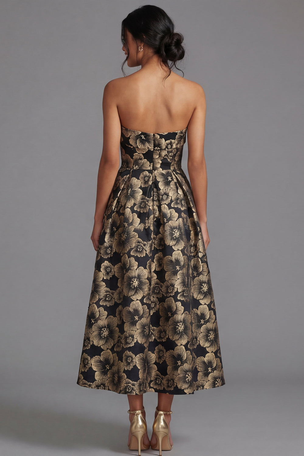 Strapless Gold Floral Brocade A Line Midi Wedding Guest Dress