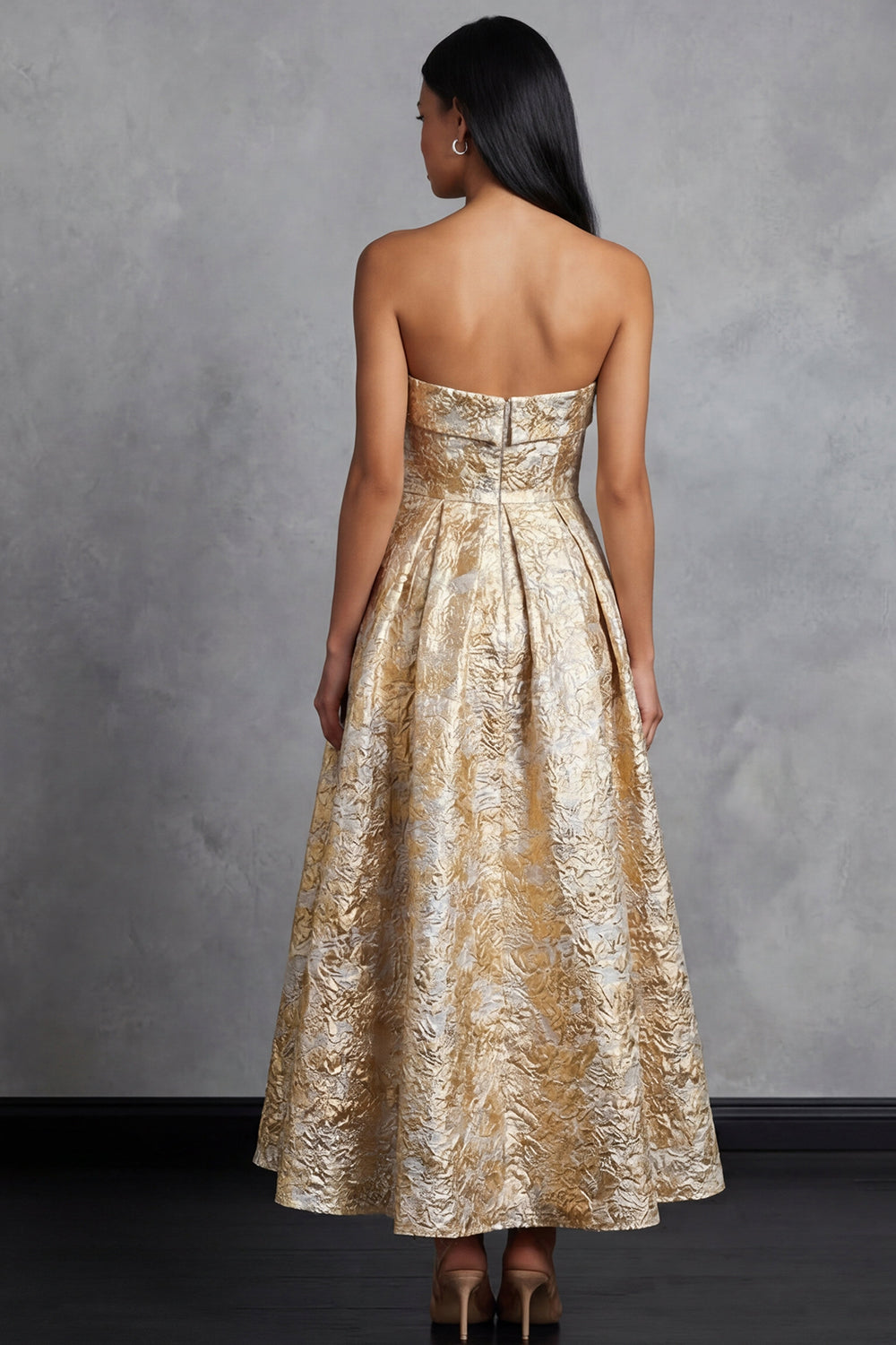 Strapless Gold Floral Brocade A Line Midi Wedding Guest Dress