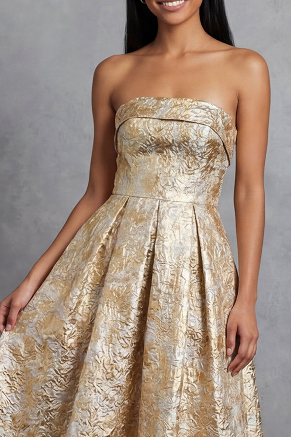 Strapless Gold Floral Brocade A Line Midi Wedding Guest Dress