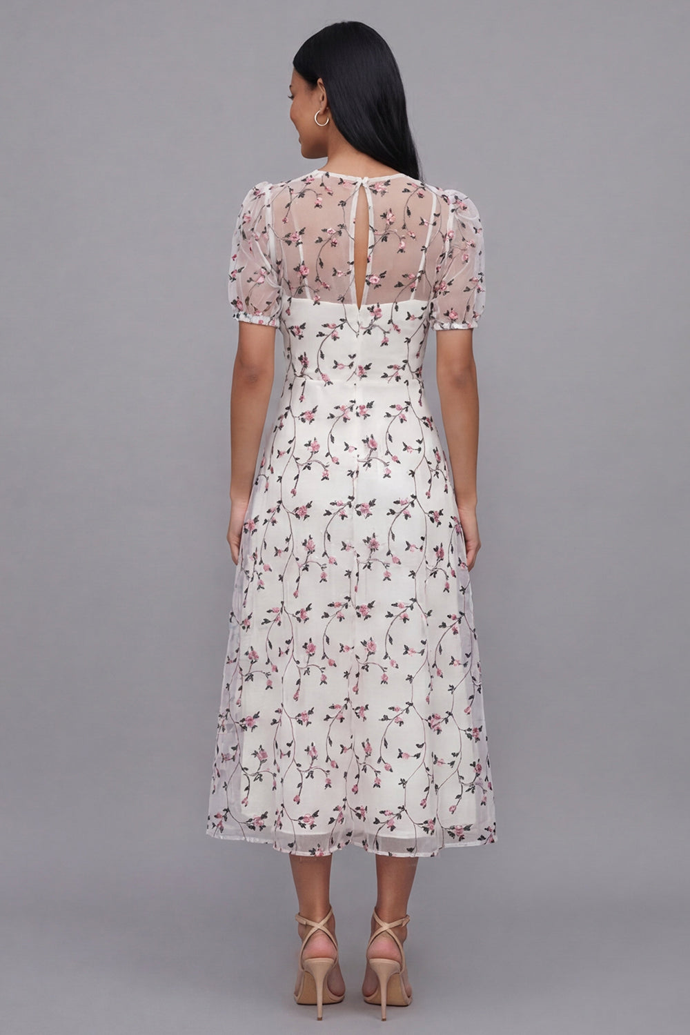 White Floral A Line Short Sleeve Wedding Guest Dress