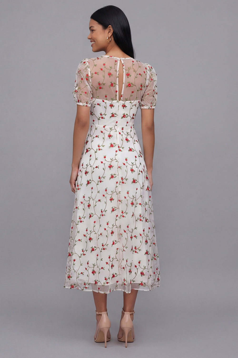 White Floral A Line Short Sleeve Wedding Guest Dress