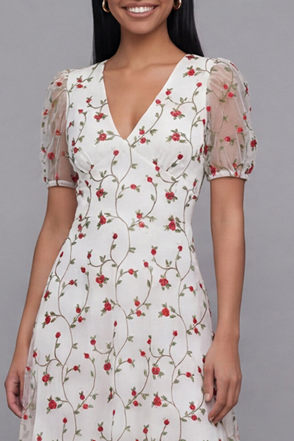 White Floral A Line Short Sleeve Wedding Guest Dress