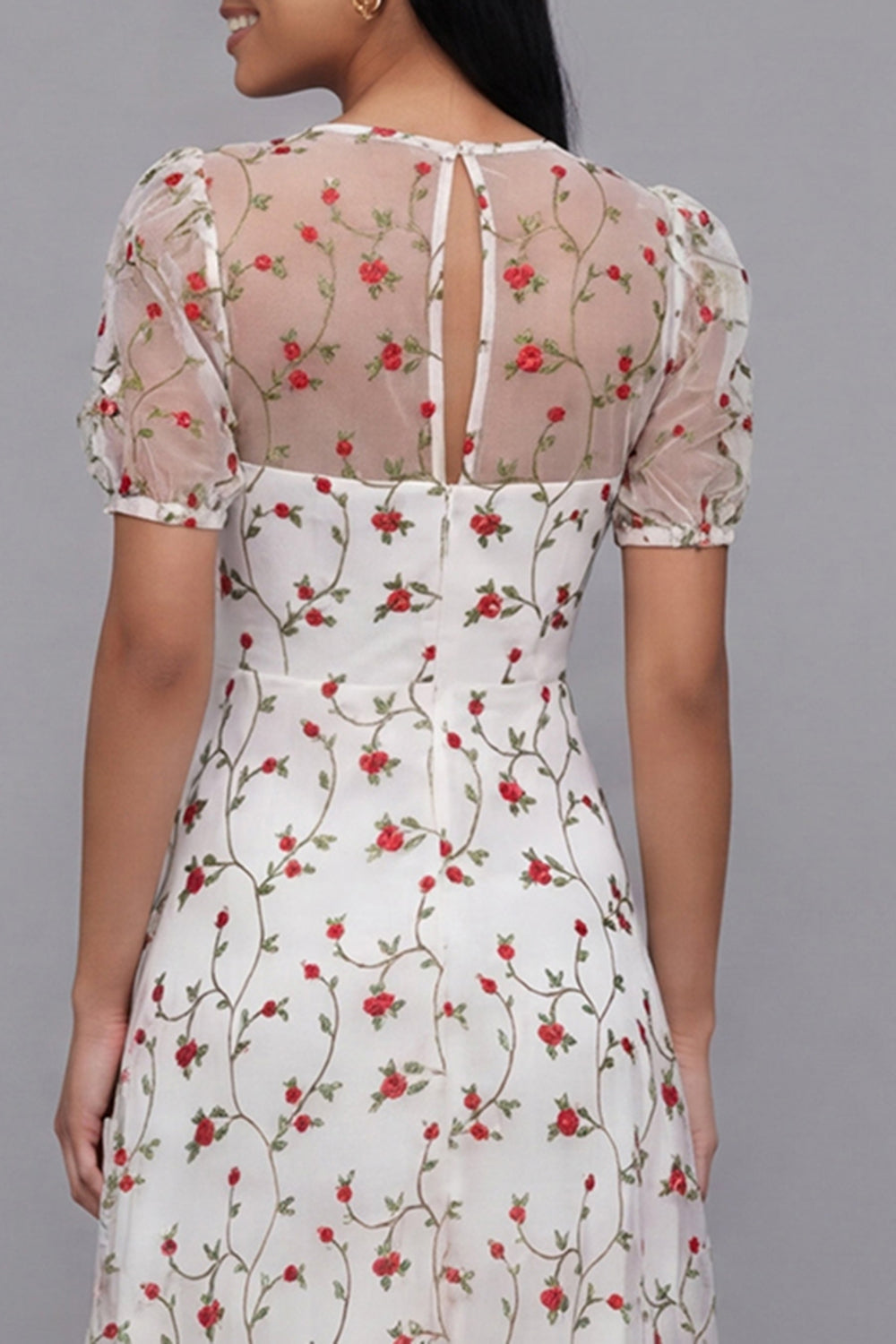 White Floral A Line Short Sleeve Wedding Guest Dress